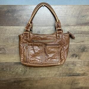 Bueno Hobo Shoulder Handbag L Brown Faux Leather Zip Pockets Purse Satchel Bag